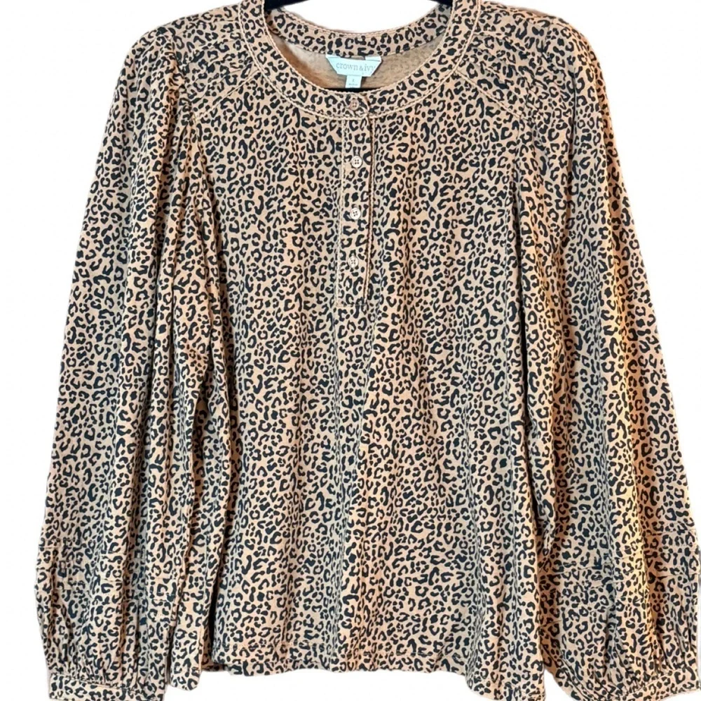 Crown & Ivy Leopard Print Lace Trim Henley Blouse Long Sleeve Size L NWT